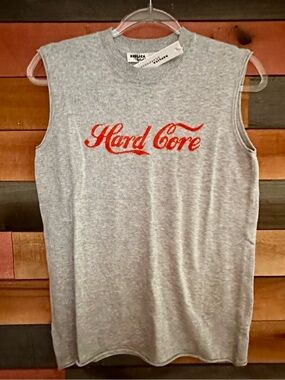 Replica Maison Martin Margiela Grey Sleeveless 'Hard Core' Shirt with Red Script